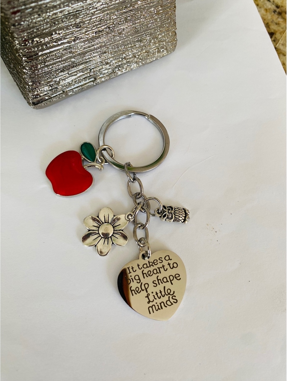 Inspirational Teacher Keychain with Apple, Flower, and Owl